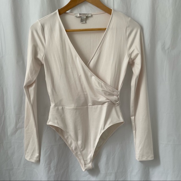 Cream Long Sleeve Wrap Bodysuit - Picture 1 of 8